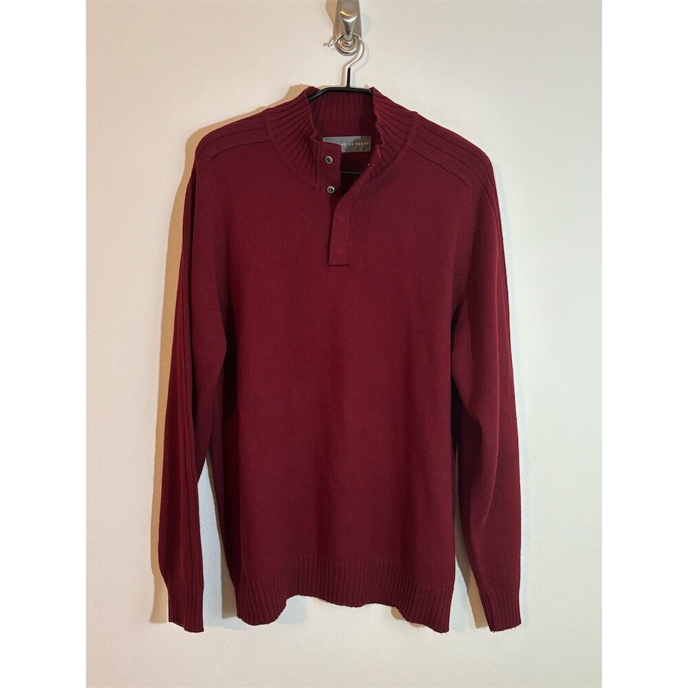 Vintage Oscar de la Renta Sweater Mens L Burgundy Mock Neck 3-Button Henley